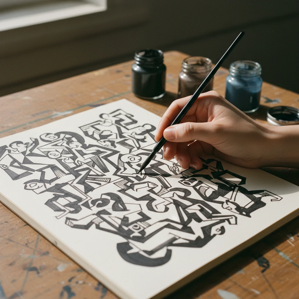 Pennello d'artista su un taccuino nell'atelier